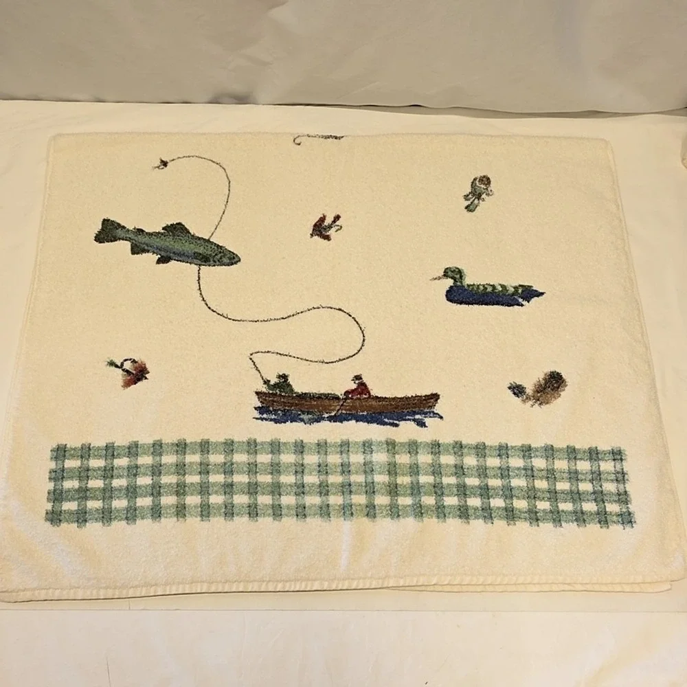 Cannon Fishing Hand Towel Set Cream Vintage Plaid Ducks Trout USA Rustic Cabin